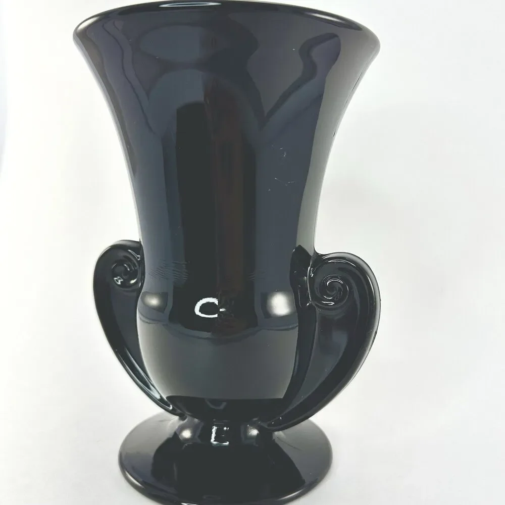 Fostoria Sakier Ebony Black Glass Urn Vase #2467 Scroll Handles 7” 1930s